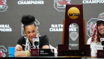Apr 7, 2024; Cleveland, OH, USA; South Carolina Gamecocks head coach Dawn Staley speaks in a press conference after defeating the Iowa Hawkeyes in the finals of the Final Four of the womens 2024 NCAA Tournament at Rocket Mortgage FieldHouse.