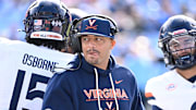 Oct 25, 2025; Chapel Hill, North Carolina, USA;  Virginia Cavaliers head coach Tony Elliott on the field in the first quarter at Kenan Stadium. Mandatory Credit: Bob Donnan-Imagn Images