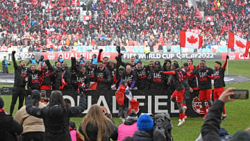 Mar 27, 2022; Toronto, Ontario, CAN;  Canada players celebrate a win over Jamaica  at BMO Field to