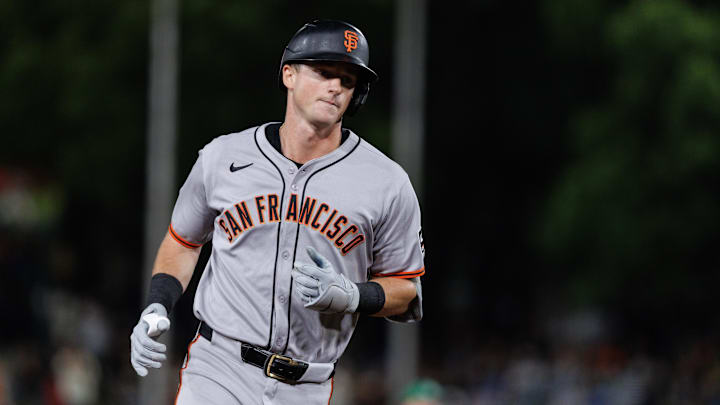 Jul 6, 2025; West Sacramento, California, USA; San Francisco Giants second baseman Tyler Fitzgerald (49) rounds the bases after hitting a one-run home run during the eighth inning against the Athletics at Sutter Health Park. Mandatory Credit: Sergio Estrada-Imagn Images