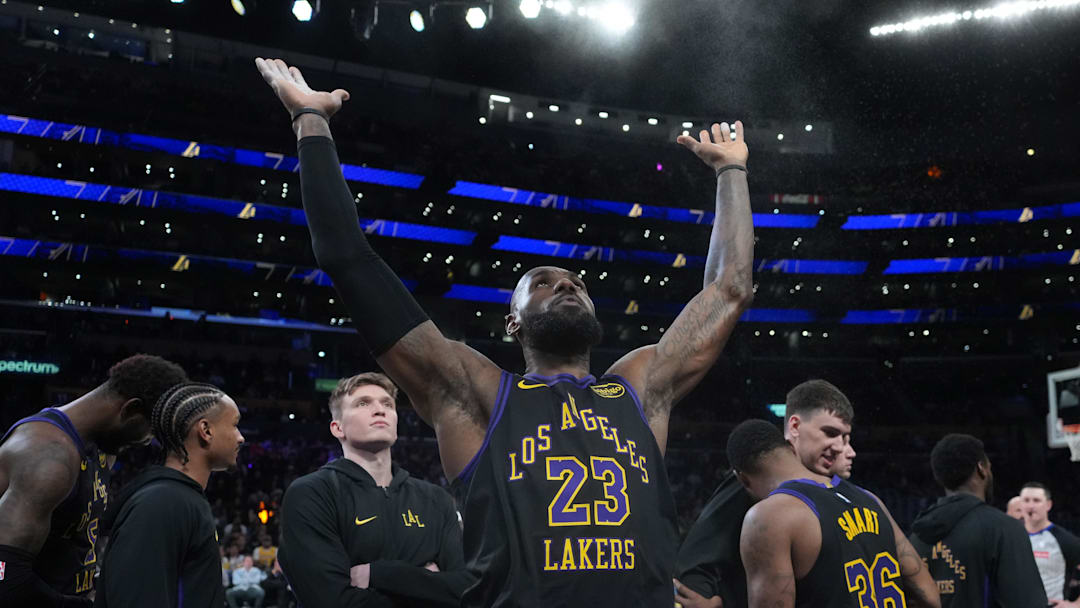 Mar 3, 2026; Los Angeles, California, USA; Los Angeles Lakers forward LeBron James (23) throws powdered chalk into the air before the game against the New Orleans Pelicans Crypto.com Arena. Mandatory Credit: Kirby Lee-Imagn Images