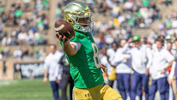 Notre Dame Fighting Irish quarterback Kenny Minchey (8) scores a touchdown