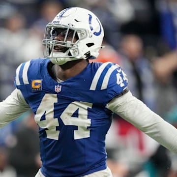 Indianapolis Colts linebacker Zaire Franklin (44) reacts after sacking Jacksonville Jaguars quarterback Mac Jones (10) in overtime Sunday, Jan. 5, 2025, during a game at Lucas Oil Stadium in Indianapolis.