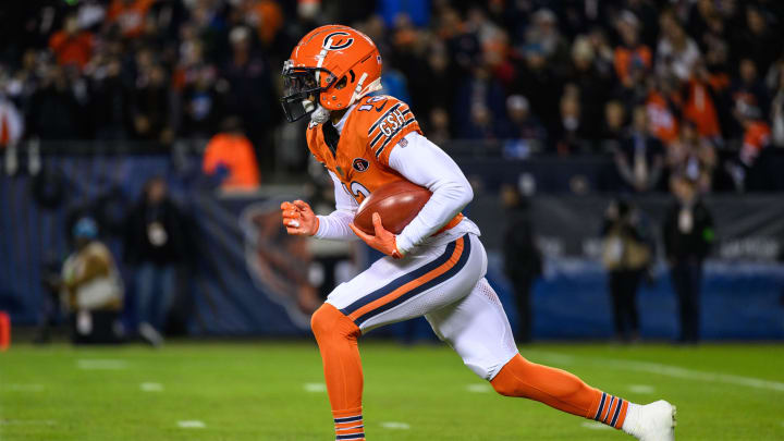 Nov 9, 2023; Chicago, Illinois, USA; Chicago Bears wide receiver Tyler Scott (13) returns a kickoff against the Carolina Panthers during the first quarter at Soldier Field. Mandatory Credit: Daniel Bartel-USA TODAY Sports