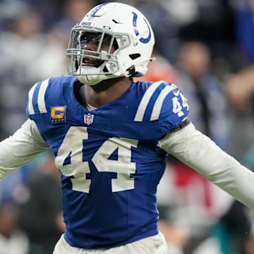 Indianapolis Colts linebacker Zaire Franklin (44) reacts after sacking Jacksonville Jaguars quarterback Mac Jones (10) in overtime Sunday, Jan. 5, 2025, during a game at Lucas Oil Stadium in Indianapolis.