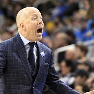 Jan 30, 2025; Los Angeles, California, USA;  UCLA Bruins head coach Mick Cronin reacts during the second half against the Oregon Ducks at Pauley Pavilion presented by Wescom. Mandatory Credit: Alex Gallardo-Imagn Images