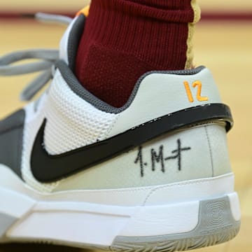 Oct 28, 2023; Cleveland, Ohio, USA; A detail of the shoes of Cleveland Cavaliers guard Sam Merrill (5) before the game between the Cavaliers and the Indiana Pacers at Rocket Mortgage FieldHouse. Mandatory Credit: Ken Blaze-Imagn Images