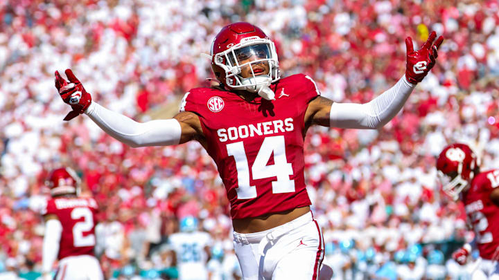 Sep 14, 2024; Norman, Oklahoma, USA;  Oklahoma Sooners defensive back Jaydan Hardy (14) reacts  during the second quarter against the Tulane Green Wave at Gaylord Family-Oklahoma Memorial Stadium. 