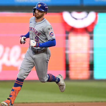 Oct 6, 2024; Philadelphia, Pennsylvania, USA; New York Mets outfielder Brandon Nimmo (9) runs the bases after hitting a home run in the seventh inning against the Philadelphia Phillies during game two of the NLDS for the 2024 MLB Playoffs at Citizens Bank Park. Mandatory Credit: Kyle Ross-Imagn Images