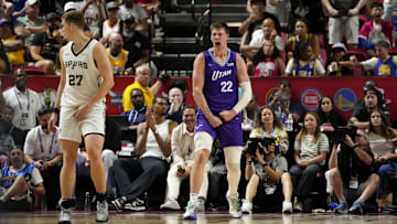 Jul 14, 2025; Las Vegas, NV, USA; Utah Jazz forward Kyle Filipowski (22) reacts after scoring against the San Antonio Spurs during overtime in a NBA basketball game at the Thomas & Mack Center. Mandatory Credit: Lucas Peltier-Imagn Images