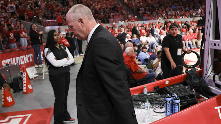 Feb 28, 2026; Houston, Texas, USA; Colorado Buffaloes head coach Tad Boyle leaves the court after being ejected while coaching against the Houston Cougars in the first half at Fertitta Center. Mandatory Credit: Thomas Shea-Imagn Images