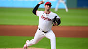 Apr 21, 2025; Cleveland, Ohio, USA; Cleveland Guardians starting pitcher Gavin Williams (32)throws a pitch during the first inning against the New York Yankees at Progressive Field. Mandatory Credit: David Dermer-Imagn Images