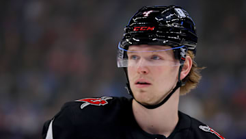 Mar 1, 2025; Buffalo, New York, USA;  Buffalo Sabres defenseman Bowen Byram (4) during a stoppage in play against the Montreal Canadiens at KeyBank Center. Mandatory Credit: Timothy T. Ludwig-Imagn Images