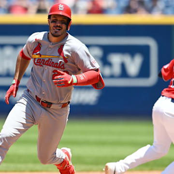 Jun 29, 2025; Cleveland, Ohio, USA; St. Louis Cardinals third baseman Nolan Arenado (28) advances to third on a double and an error during the sixth inning against the Cleveland Guardians at Progressive Field. Mandatory Credit: Ken Blaze-Imagn Images