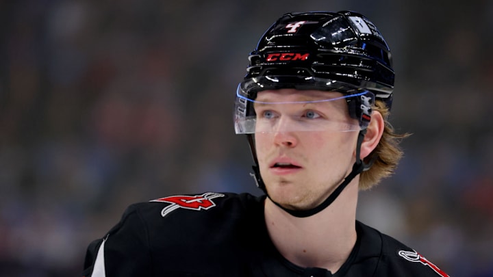 Mar 1, 2025; Buffalo, New York, USA; Buffalo Sabres defenseman Bowen Byram (4) during a stoppage in play against the Montreal Canadiens at KeyBank Center. Mandatory Credit: Timothy T. Ludwig-Imagn Images Mar 1, 2025; Buffalo, New York, USA; Buffalo Sabres defenseman Bowen Byram (4) during a stoppage in play against the Montreal Canadiens at KeyBank Center. Mandatory Credit: Timothy T. Ludwig-Imagn Images
