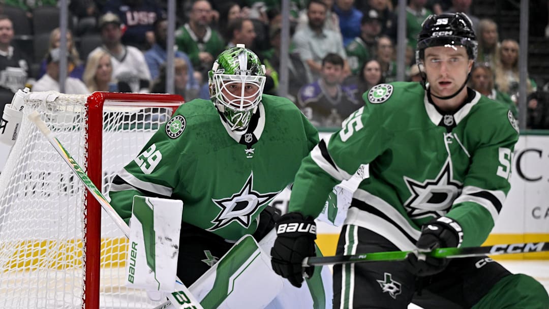 Oct 23, 2025; Dallas, Texas, USA; Dallas Stars goaltender Jake Oettinger (29) and defenseman Thomas Harley (55) faces the Los Angeles Kings attack during the first period at the American Airlines Center. Mandatory Credit: Jerome Miron-Imagn Images Oct 23, 2025; Dallas, Texas, USA; Dallas Stars goaltender Jake Oettinger (29) and defenseman Thomas Harley (55) faces the Los Angeles Kings attack during the first period at the American Airlines Center. Mandatory Credit: Jerome Miron-Imagn Images