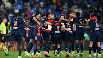 PSG players celebrating their success over Monaco in the Trophée des Champions in Doha. 