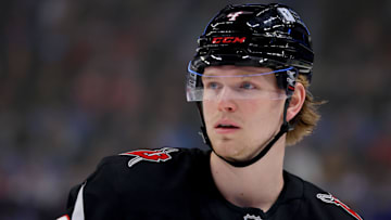 Mar 1, 2025; Buffalo, New York, USA;  Buffalo Sabres defenseman Bowen Byram (4) during a stoppage in play against the Montreal Canadiens at KeyBank Center. Mandatory Credit: Timothy T. Ludwig-Imagn Images