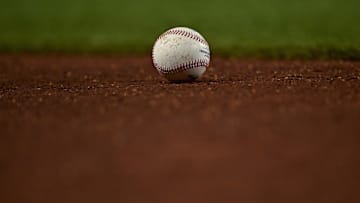 Aug 4, 2025; Arlington, Texas, USA; A view of an MLB baseball during the game between the Texas Rangers and the New York Yankees
