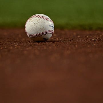 Aug 4, 2025; Arlington, Texas, USA; A view of an MLB baseball during the game between the Texas Rangers and the New York Yankees