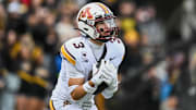 Oct 25, 2025; Iowa City, Iowa, USA; Minnesota Golden Gophers defensive back Koi Perich (3) catches the kickoff against the Iowa Hawkeyes during the first quarter at Kinnick Stadium. Mandatory Credit: Jeffrey Becker-Imagn Images