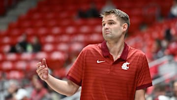 Oct 25, 2025; Pullman, WA, USA; Washington State Cougars head coach David Riley reacts after a play against the New Mexico Lobos in the second half at Friel Court at Beasley Coliseum. Washington State Cougars won 74-66. Mandatory Credit: James Snook-Imagn Images
