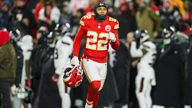 Kansas City Chiefs cornerback Trent McDuffie, a former UW standout, reacts during AFC playoff game against Houston.