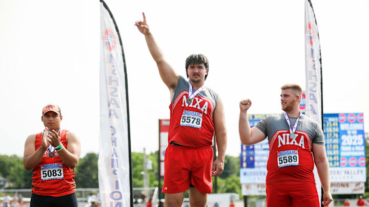 Nixa junior Jackson Cantwell celebrates after winning his third consecutive Class 5 state championship in the shot put in Jefferson City on May 31, 2025. Junior teammate Hayden Mays (right) placed second and celebrates alongside him. Nixa junior Jackson Cantwell celebrates after winning his third consecutive Class 5 state championship in the shot put in Jefferson City on May 31, 2025. Junior teammate Hayden Mays (right) placed second and celebrates alongside him.
