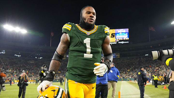 Dec 7, 2025; Green Bay, Wisconsin, USA;  Green Bay Packers defensive end Micah Parsons (1) jogs off the field following the game against the Chicago Bears at Lambeau Field. Mandatory Credit: Jeff Hanisch-Imagn Images