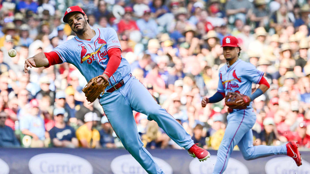 Jun 14, 2025; Milwaukee, Wisconsin, USA; St. Louis Cardinals third baseman Nolan Arenado (28) throws out Milwaukee Brewers center fielder Jackson Chourio (not pictured) in the seventh inning at American Family Field. Mandatory Credit: Benny Sieu-Imagn Images