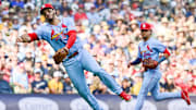 Jun 14, 2025; Milwaukee, Wisconsin, USA; St. Louis Cardinals third baseman Nolan Arenado (28) throws out Milwaukee Brewers center fielder Jackson Chourio (not pictured) in the seventh inning at American Family Field. Mandatory Credit: Benny Sieu-Imagn Images