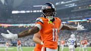 Denver Broncos wide receiver Troy Franklin (11) celebrates a touchdown Sunday, Sept. 14, 2025, during a game against the Indianapolis Colts at Lucas Oil Stadium in Indianapolis.