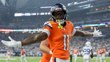 Denver Broncos wide receiver Troy Franklin (11) celebrates a touchdown Sunday, Sept. 14, 2025, during a game against the Indianapolis Colts at Lucas Oil Stadium in Indianapolis.