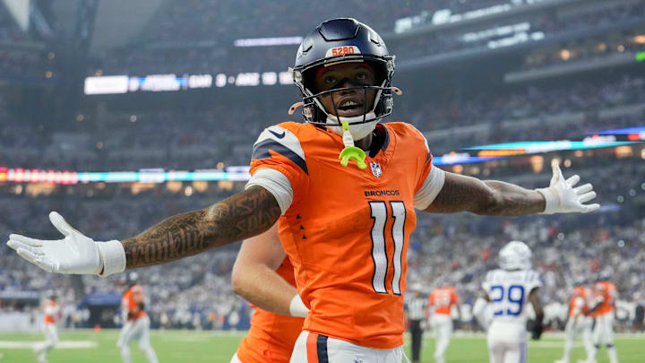 Denver Broncos wide receiver Troy Franklin (11) celebrates a touchdown Sunday, Sept. 14, 2025, during a game against the Indianapolis Colts at Lucas Oil Stadium in Indianapolis. Denver Broncos wide receiver Troy Franklin (11) celebrates a touchdown Sunday, Sept. 14, 2025, during a game against the Indianapolis Colts at Lucas Oil Stadium in Indianapolis.