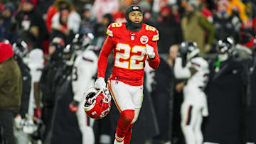 Jan 18, 2025; Kansas City, Missouri, USA; Kansas City Chiefs cornerback Trent McDuffie (22) reacts during the second half against Houston Texans in a 2025 AFC divisional round game at GEHA Field at Arrowhead Stadium. Mandatory Credit: Jay Biggerstaff-Imagn Images