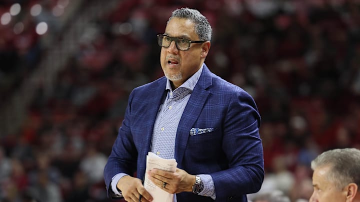 Jan 22, 2025; Fayetteville, Arkansas, USA; Arkansas Razorbacks assistant coach Chuck Martin during the first half against the Georgia Bulldogs at Bud Walton Arena. Mandatory Credit: Nelson Chenault-Imagn Images