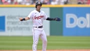 May 28, 2023; Cleveland, Ohio, USA; Cleveland Guardians left fielder Steven Kwan (38) celebrates after hitting an RBI double during the fifth inning against the St. Louis Cardinals at Progressive Field. Mandatory Credit: Ken Blaze-Imagn Images