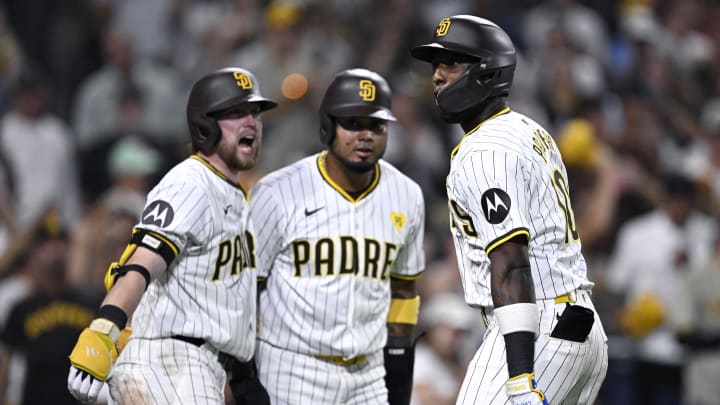 Aug 20, 2024; San Diego, California, USA; San Diego Padres left fielder Jurickson Profar (10) celebrates after hitting a three-run home run against the Minnesota Twins during the eighth inning at Petco Park. Mandatory Credit: Orlando Ramirez-USA TODAY Sports