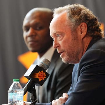 May 17, 2024; Phoenix, AZ, USA; Mike Budenholzer speaks alongside General Manager James Jones during a press conference to announce his job as head coach of the Phoenix Suns. Mandatory Credit: Joe Camporeale-USA TODAY Sports