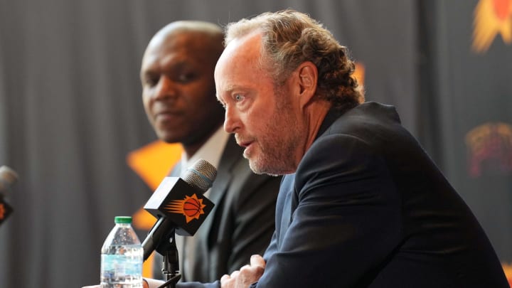 May 17, 2024; Phoenix, AZ, USA; Mike Budenholzer speaks alongside General Manager James Jones during a press conference to announce his job as head coach of the Phoenix Suns. Mandatory Credit: Joe Camporeale-USA TODAY Sports