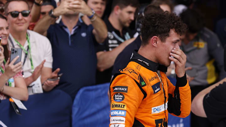 May 5, 2024; Miami Gardens, Florida, USA; McLaren driver Lando Norris (4) reacts after winning the Miami Grand Prix at Miami International Autodrome. Mandatory Credit: Peter Casey-Imagn Images