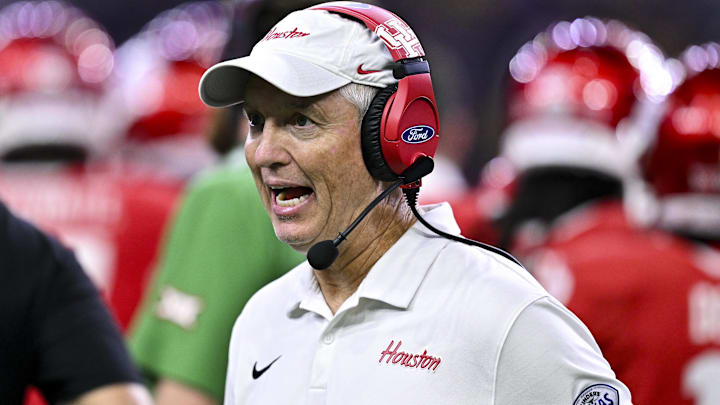 Dec 27, 2025; Houston, TX, USA; Houston Cougars head coach Willie Fritz reacts during the second half against the Louisiana State Tigers at NRG Stadium. Mandatory Credit: Maria Lysaker-Imagn Images 