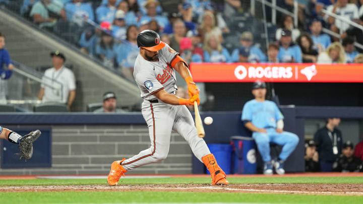 Baltimore Orioles right fielder Anthony Santander (25) hits a home run against the Toronto Blue Jays during the eighth inning at Rogers Centre on Aug 7.