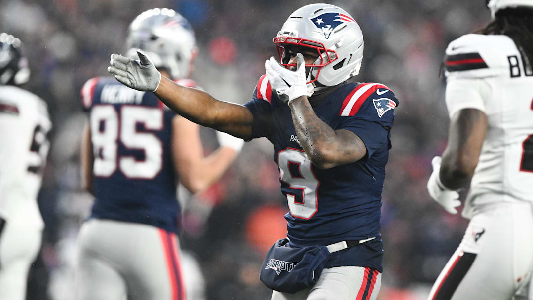 Jan 18, 2026; Foxborough, MA, USA; iNew England Patriots wide receiver Kayshon Boutte (9) reacts after a play in the second quarter against the Houston Texans in an AFC Divisional Round game at Gillette Stadium. Mandatory Credit: Brian Fluharty-Imagn Images