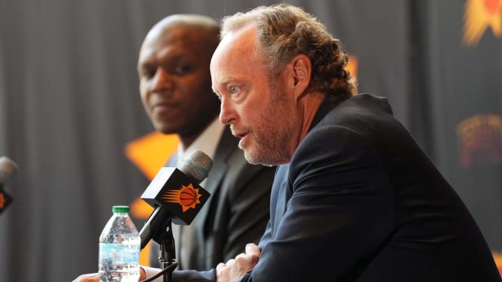 May 17, 2024; Phoenix, AZ, USA; Mike Budenholzer speaks alongside General Manager James Jones during a press conference to announce his job as head coach of the Phoenix Suns. Mandatory Credit: Joe Camporeale-USA TODAY Sports