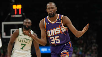 Mar 26, 2025; Phoenix, Arizona, USA; Phoenix Suns forward Kevin Durant (35) reacts after a foul call against the Boston Celtics during the first half at Footprint Center. Mandatory Credit: Rick Scuteri-Imagn Images