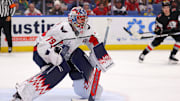 Jan 6, 2025; Buffalo, New York, USA;  Washington Capitals goaltender Charlie Lindgren (79) looks for the puck during the second period against the Buffalo Sabres at KeyBank Center. Mandatory Credit: Timothy T. Ludwig-Imagn Images