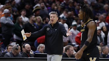 Mar 21, 2025; Cleveland, OH, USA; Vanderbilt Commodores head coach Mark Byington reacts in the second half against the St. Mary's Gaels at Rocket Arena. Mandatory Credit: Rick Osentoski-Imagn Images