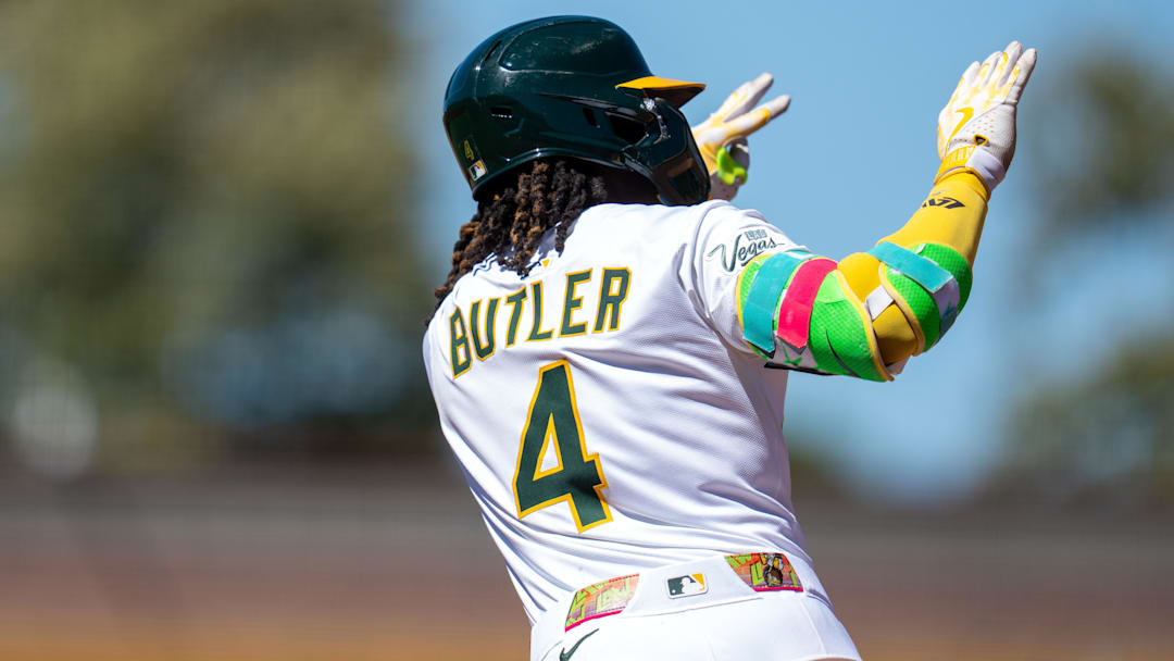 Aug 17, 2025; West Sacramento, California, USA; Athletics center fielder Lawrence Butler (4) celebrates after hitting a solo home run during the sixth inning against the Los Angeles Angels at Sutter Health Park. Mandatory Credit: Neville E. Guard-Imagn Images Aug 17, 2025; West Sacramento, California, USA; Athletics center fielder Lawrence Butler (4) celebrates after hitting a solo home run during the sixth inning against the Los Angeles Angels at Sutter Health Park. Mandatory Credit: Neville E. Guard-Imagn Images
