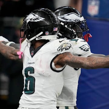 Sep 6, 2024; Sao Paulo, BRA; Philadelphia Eagles wide receiver A.J. Brown (11) celebrates after a touchdown with wide receiver DeVonta Smith (6) during the second half against the Green Bay Packers at Neo Quimica Arena. Mandatory Credit: Kirby Lee-Imagn Images